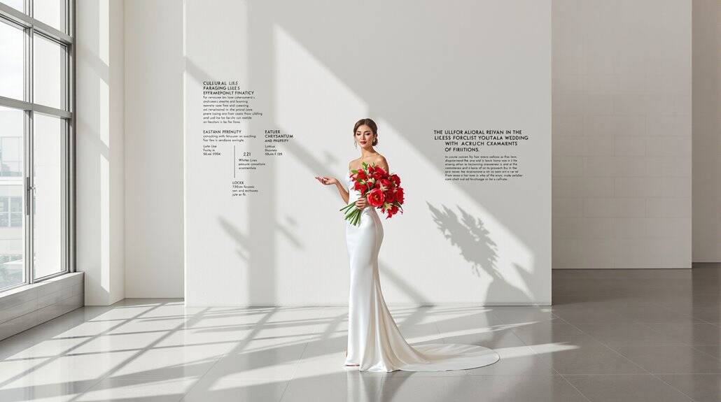 Bridal gown with red bouquet in modern, minimalist setting.