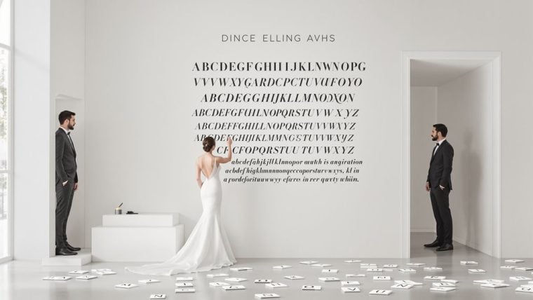 Elegant wedding calligraphy with bride and groom in modern minimalist setting.