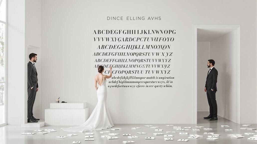 Elegant wedding calligraphy with bride and groom in modern minimalist setting.