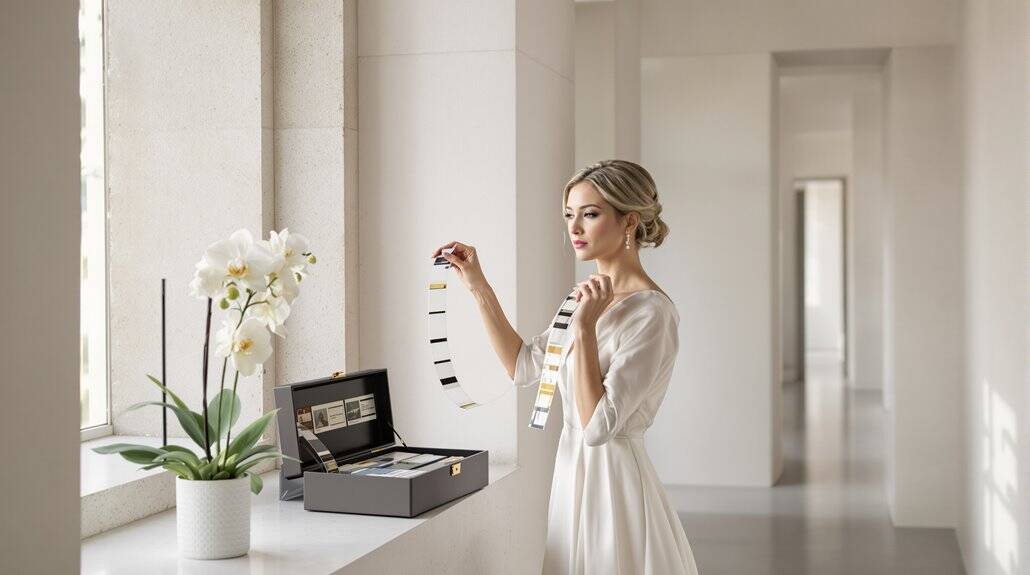 Bride selecting wedding color palette in bright, modern venue.