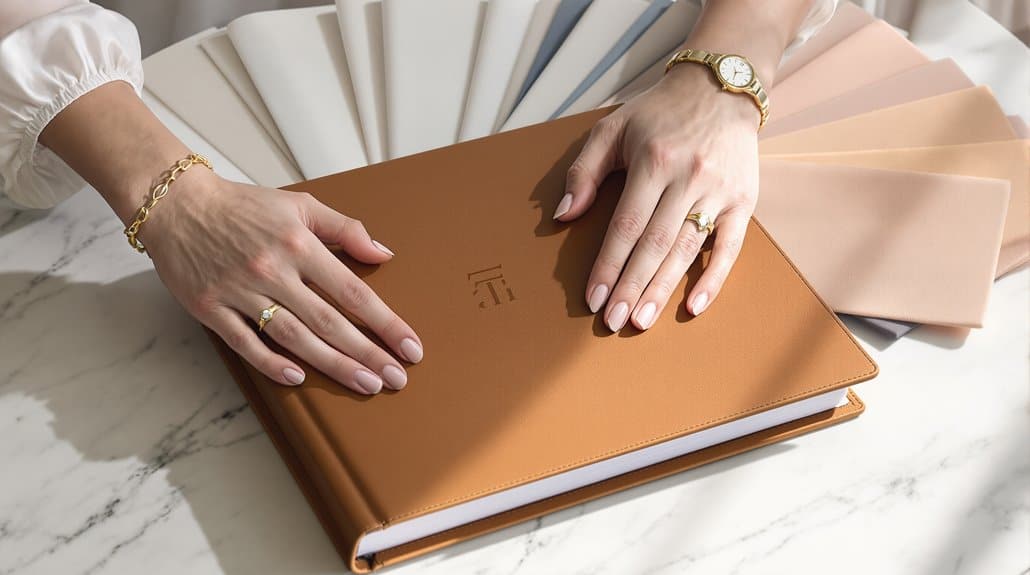 Wedding planner notebook with hands and color swatches for wedding planning.