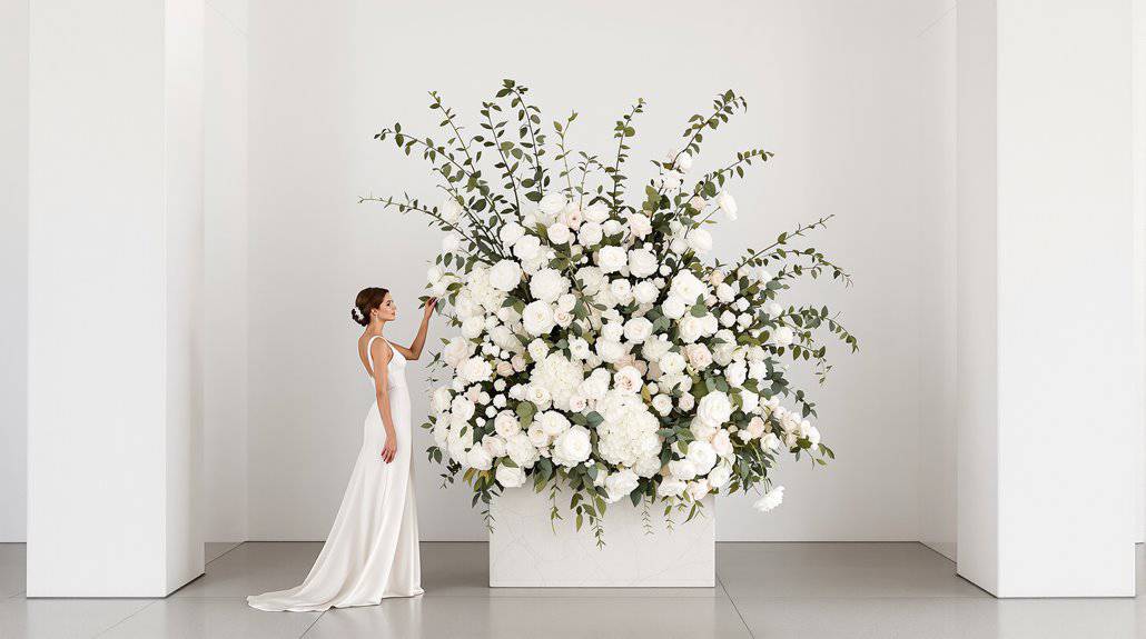 Beautiful white wedding floral arrangement with greenery in a modern setting.