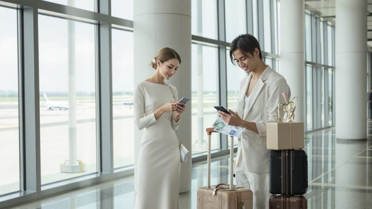 Elegant wedding couple checking their phones at airport terminal with luggage.