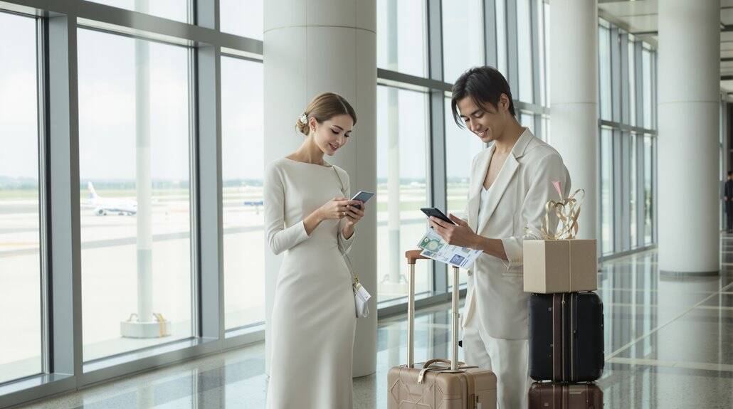 Elegant wedding couple checking their phones at airport terminal with luggage.