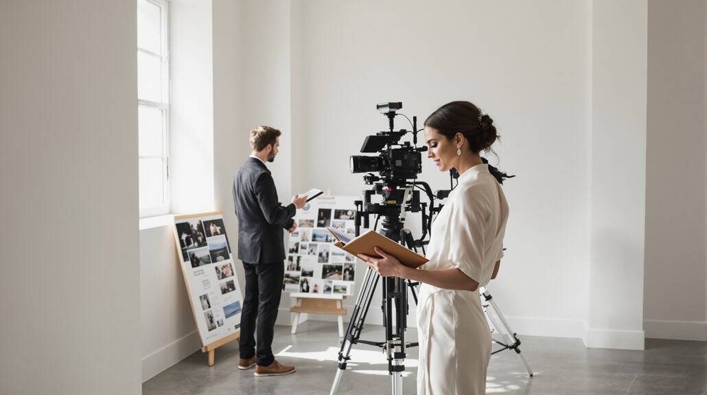 Bride and videographer preparing for wedding shoot with camera and photos.