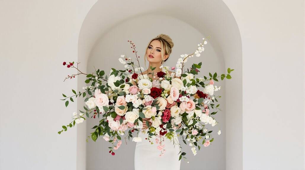 Elegant wedding floral arrangement with roses and greenery in a white vase.