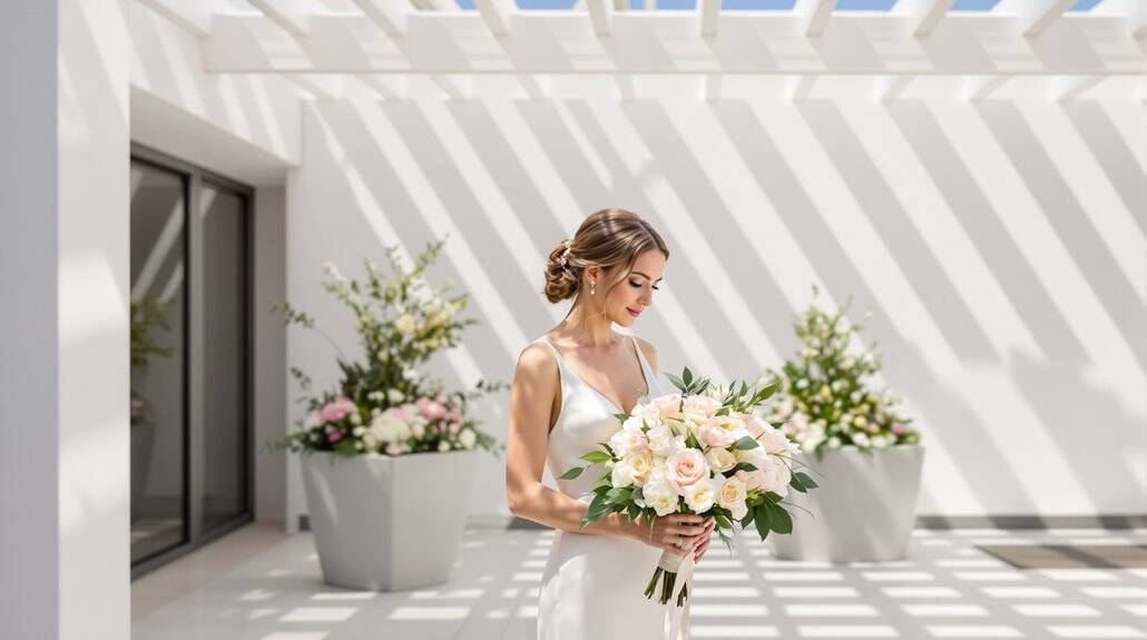 Bride holding a floral bouquet at her wedding venue.