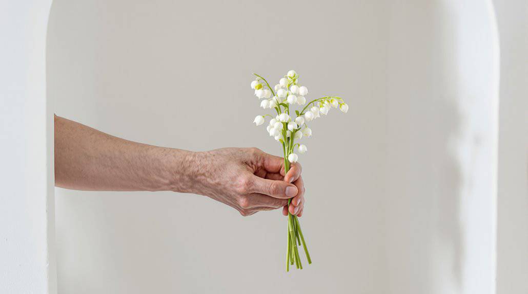 Hand holding a small bouquet of white flowers, symbolizing purity and love, perfect for wedding them.