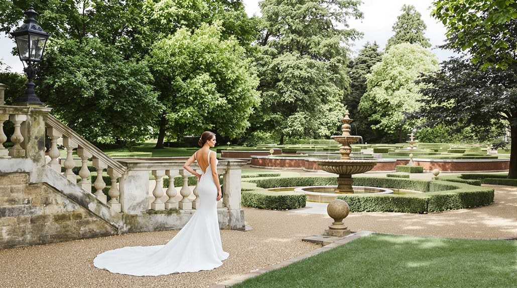 Bride in white wedding gown standing in lush garden with fountain.