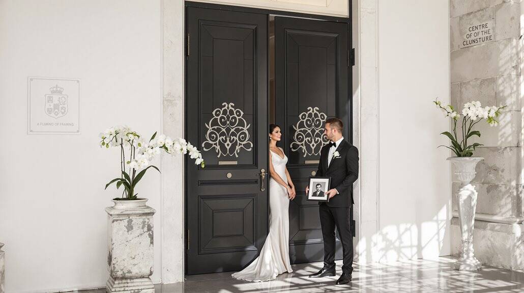 Bride and groom outside historic venue with elegant black doors and floral decor.