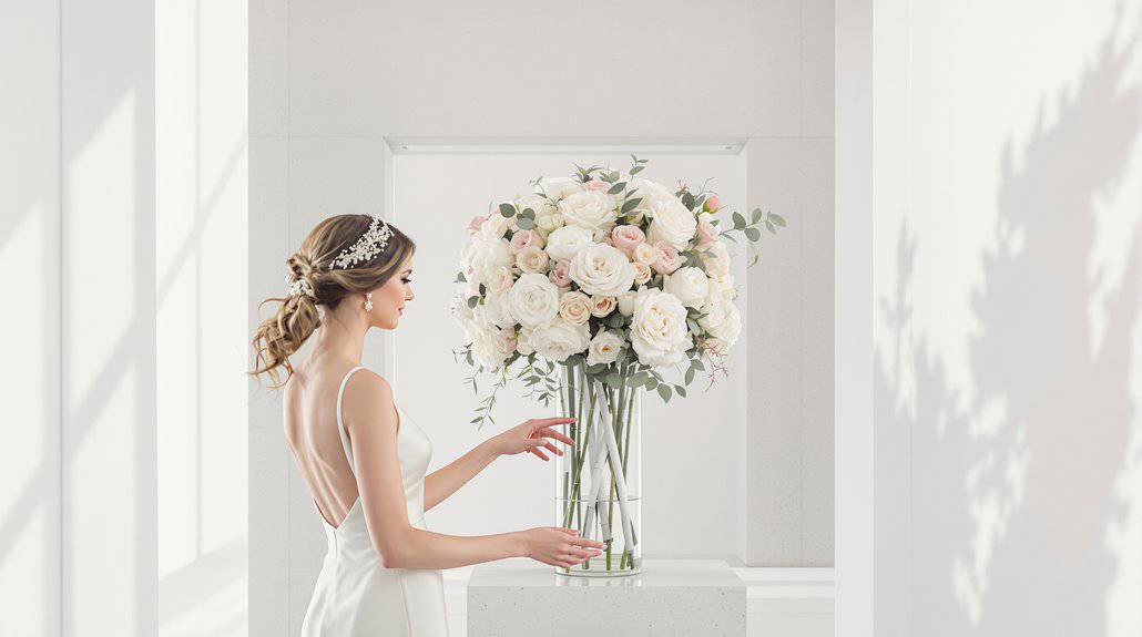 Bridal bouquet featuring white and blush roses with greenery, perfect for a wedding ceremony.