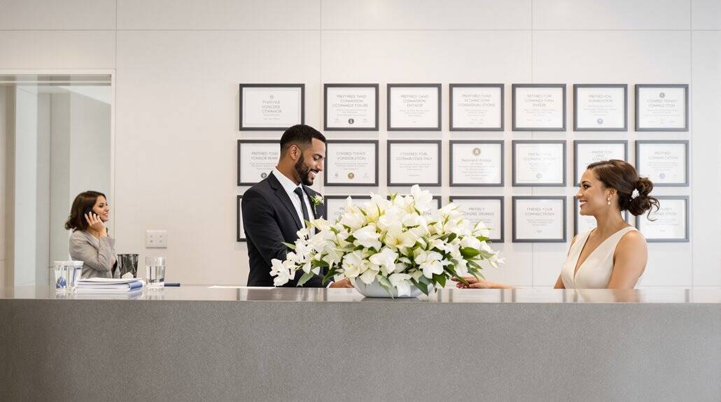 Wedding couple at reception desk with floral arrangement and certificates in background.