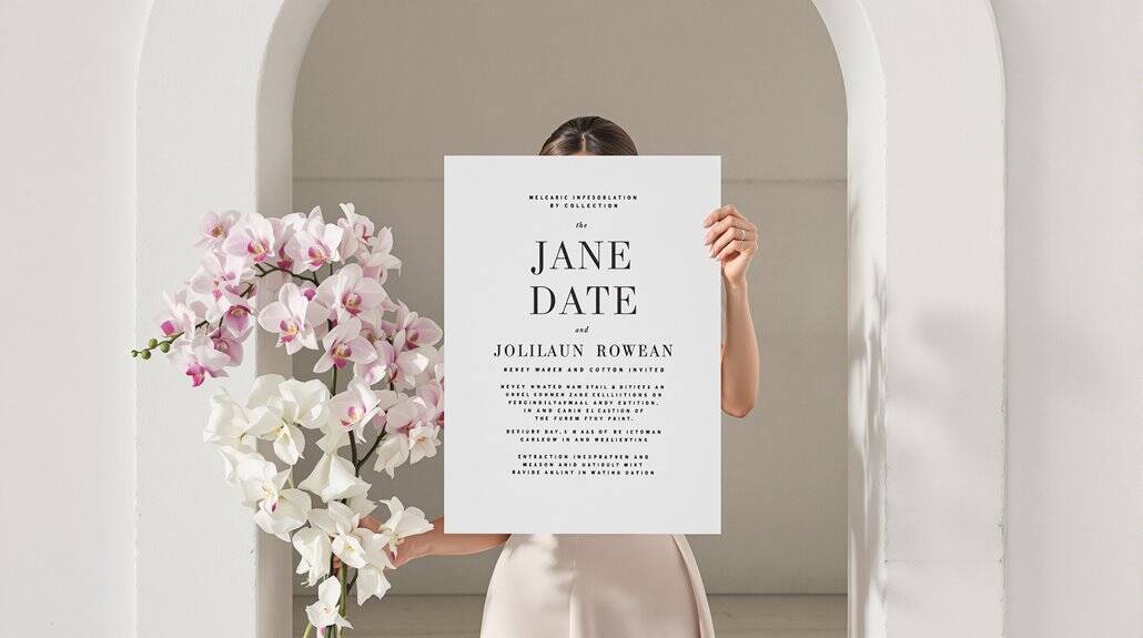 Bride holding wedding invitation with floral decor in elegant setting.
