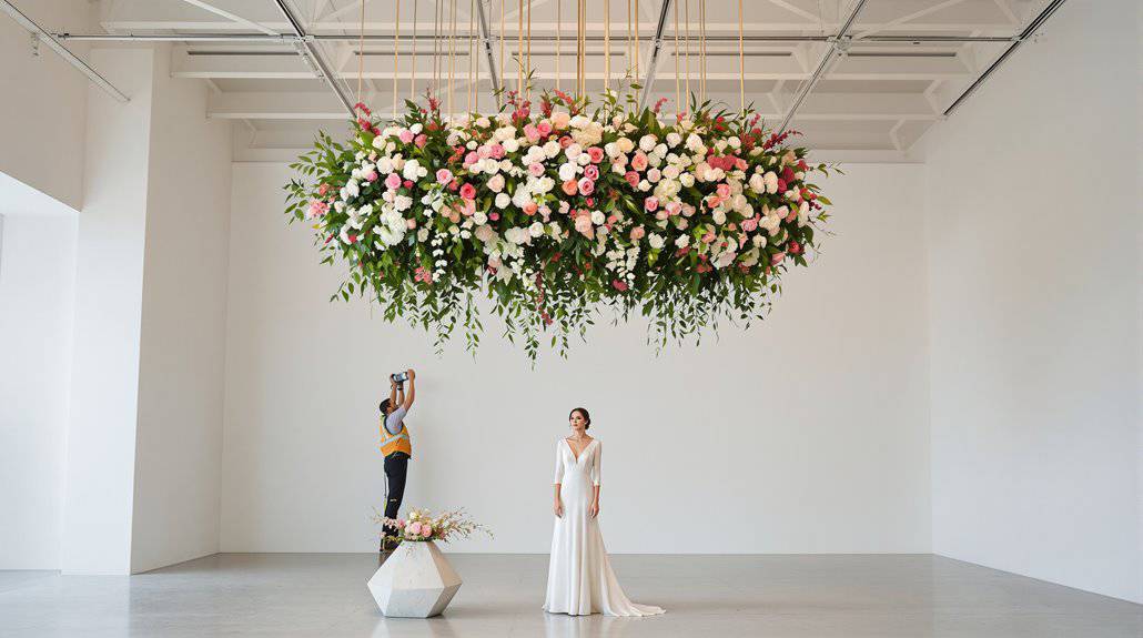 Stunning floral wedding installation with pink and white flowers in a modern venue.