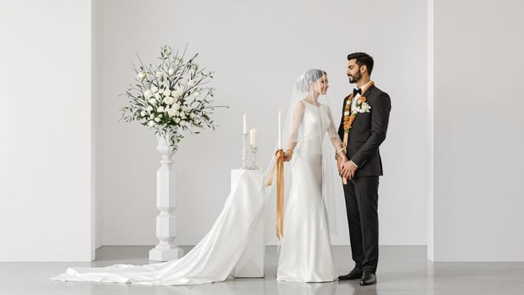 Bride and groom exchanging vows during elegant wedding ceremony.