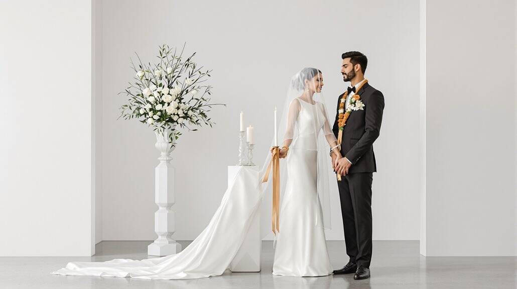 Bride and groom exchanging vows during elegant wedding ceremony.