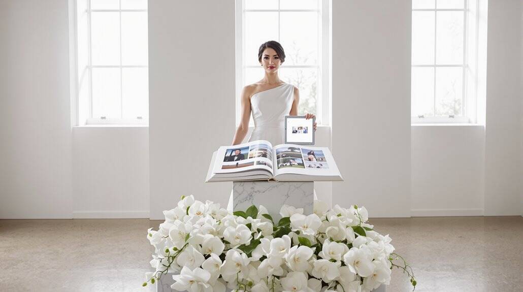Elegant bride showcasing wedding album in bright, minimalist room with white flowers.
