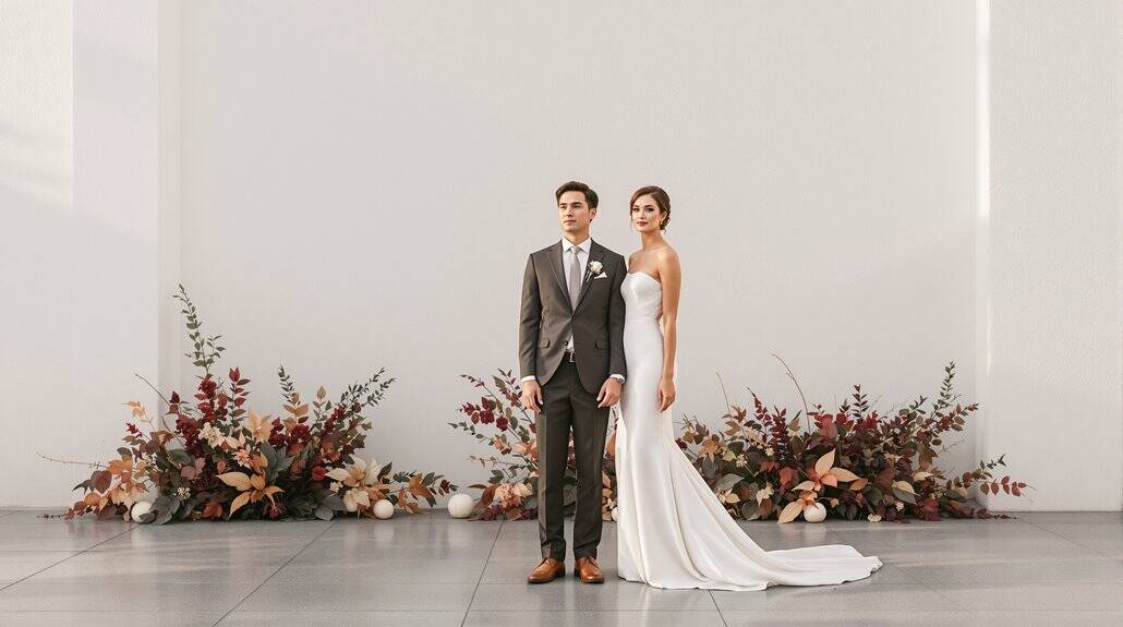 Elegant wedding couple in stylish attire with floral decor backdrop.