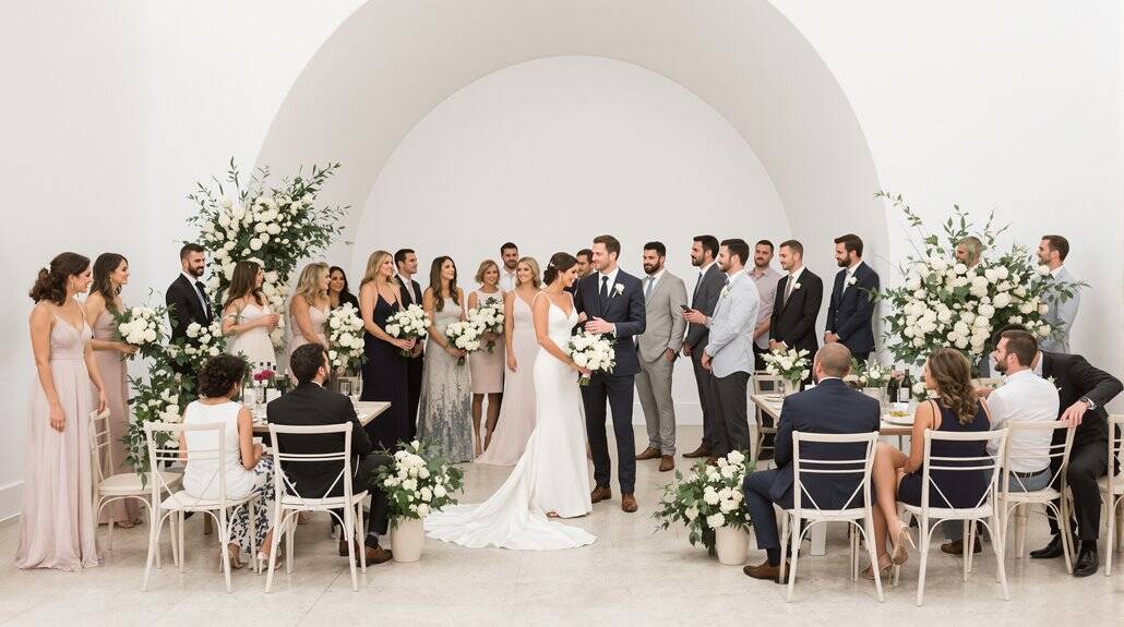 Beautiful wedding ceremony with bride and groom exchanging vows in a modern, elegant venue.