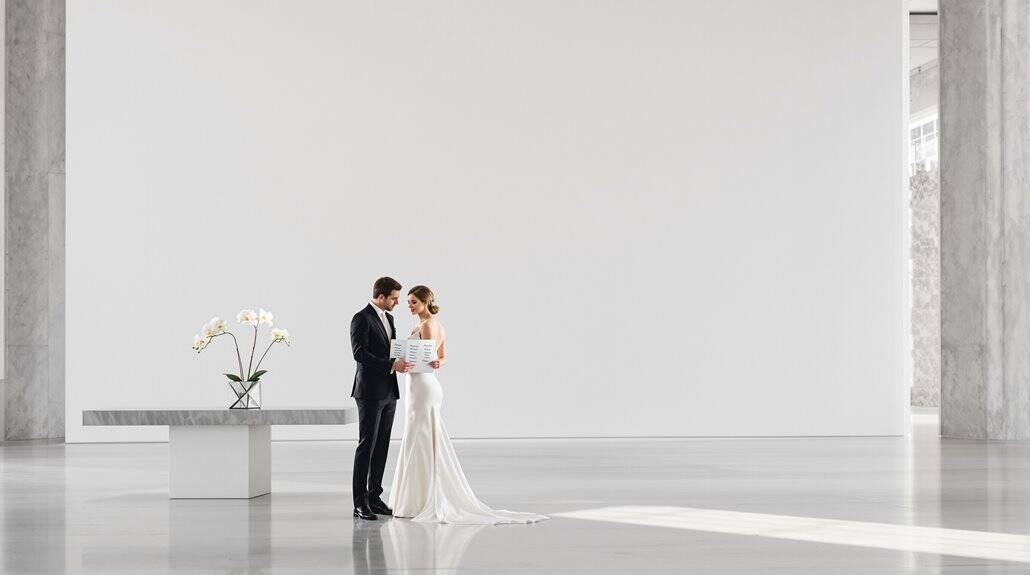 Elegant wedding ceremony with bride and groom exchanging vows in a modern, minimalist venue.