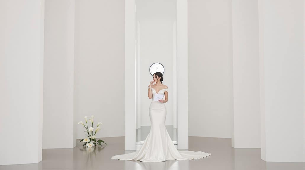 Bride in elegant white wedding gown in minimalist setting.