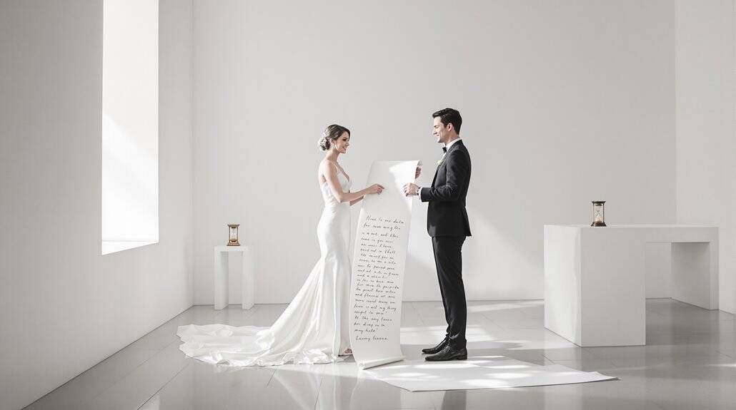 Bride and groom exchanging vows in a minimalist, white wedding setting.