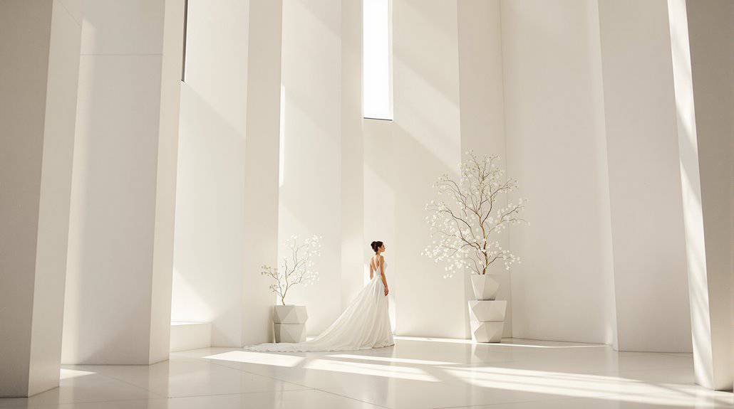 Bride in white wedding gown in sleek, modern minimalist wedding venue with white decor and natural l.