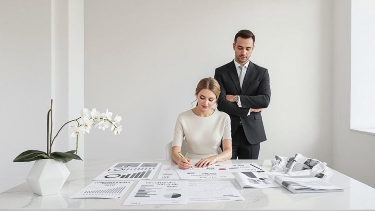 Business couple discussing wedding plans at a modern office desk.