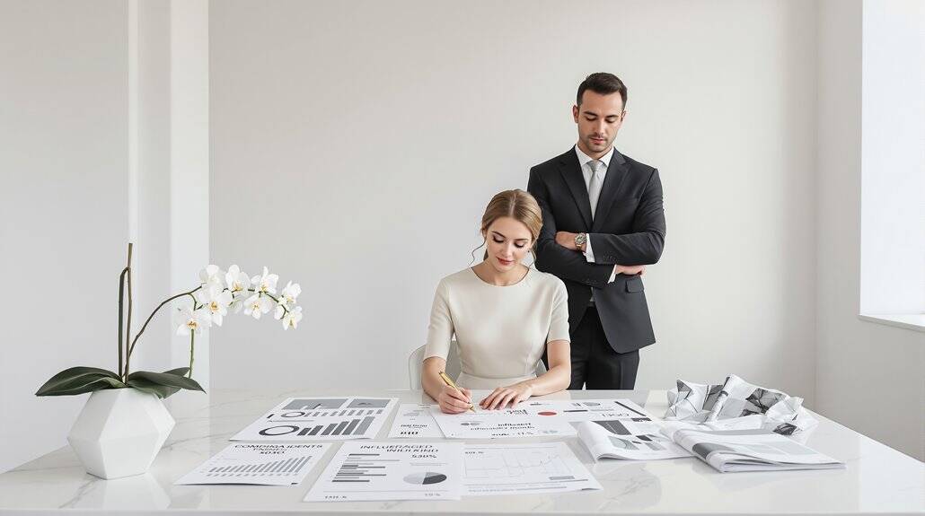 Business couple discussing wedding plans at a modern office desk.