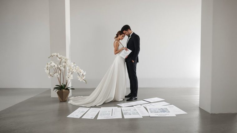 Bride and groom exchanging vows in a modern, minimalist wedding setting.