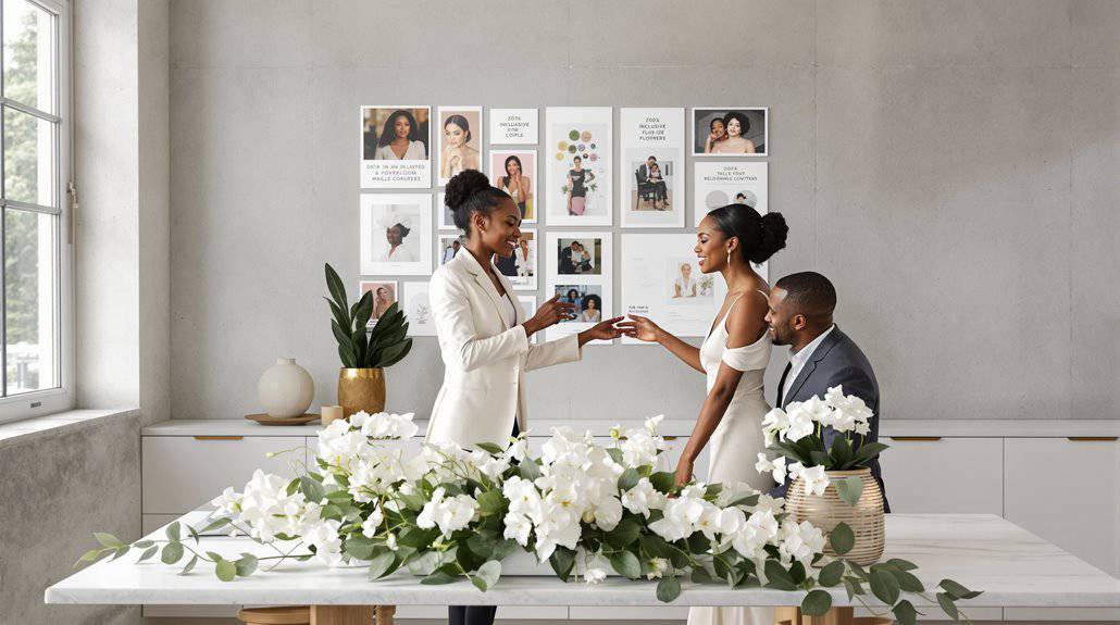 Wedding planning consultation with bride and planner in modern studio setting.