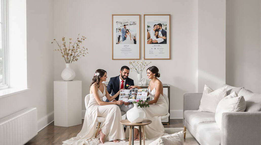 Elegant wedding scene with bride, groom, and bridesmaid exchanging vows indoors.