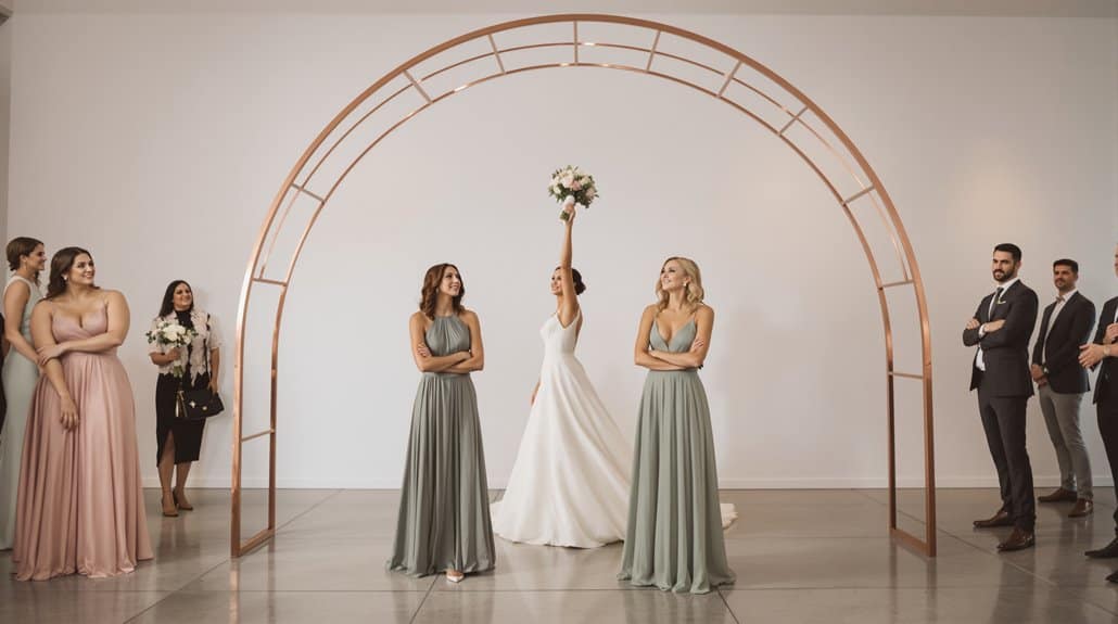Bride throws bouquet during wedding ceremony.