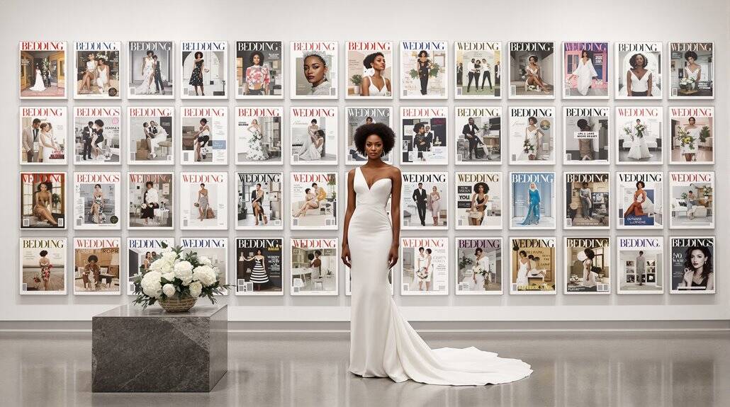Elegant wedding dress on a model at a bridal fashion exhibition.