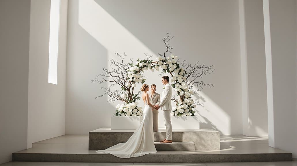 Bride and groom exchanging vows at a modern minimalist wedding venue.