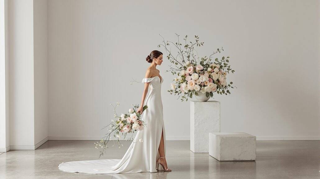 Bride in elegant wedding dress with floral bouquet and large flower arrangement.