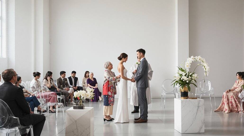 Bride and groom exchanging vows during a modern wedding ceremony.