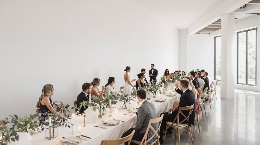 Elegant wedding reception with a long table setup and floral centerpieces.