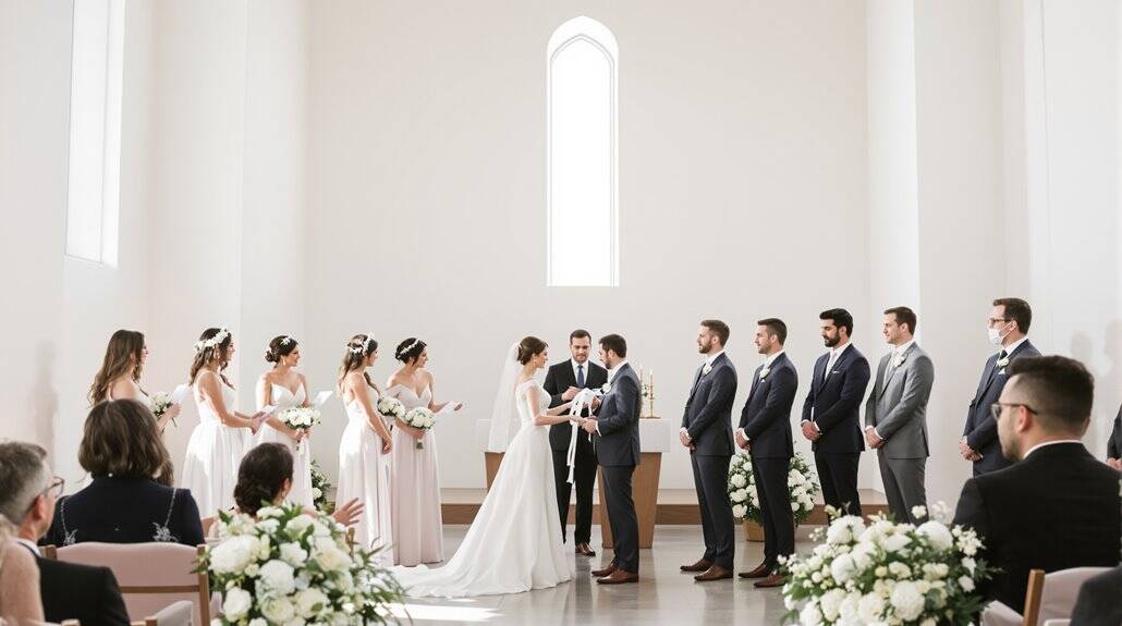 Elegant wedding ceremony with bride and groom exchanging vows in a bright, modern chapel.