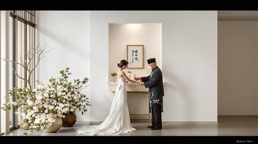 Elegant wedding ceremony with bride and groom exchanging vows in a modern, minimalist setting.