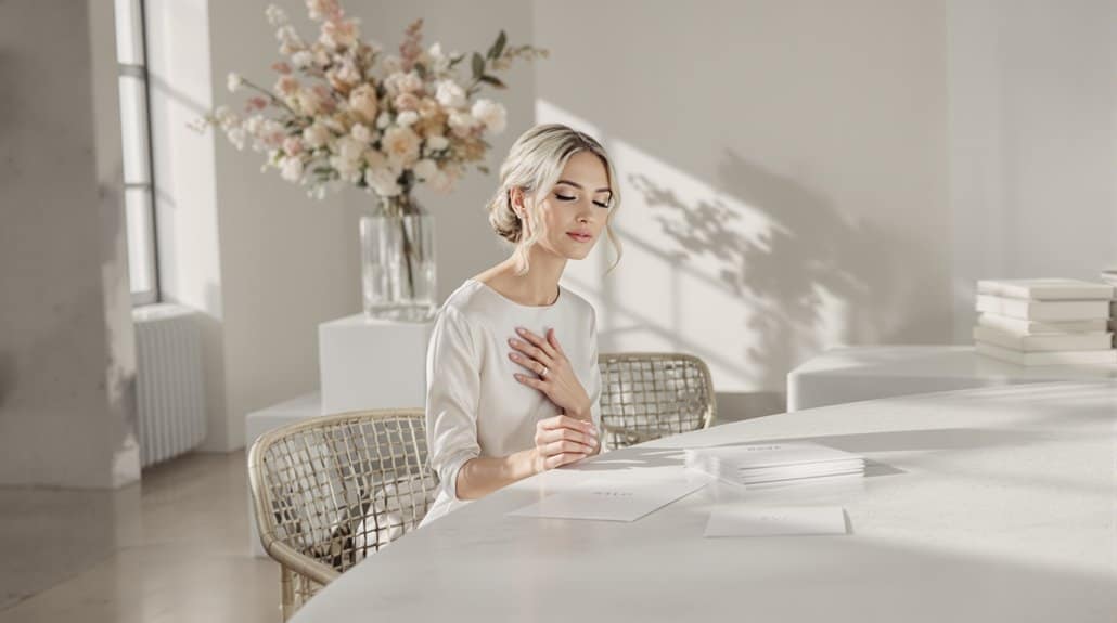 Elegant bride with a serene expression in a modern wedding setting.