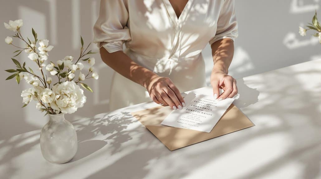 Woman preparing wedding invitation with flowers and paper on a bright table.