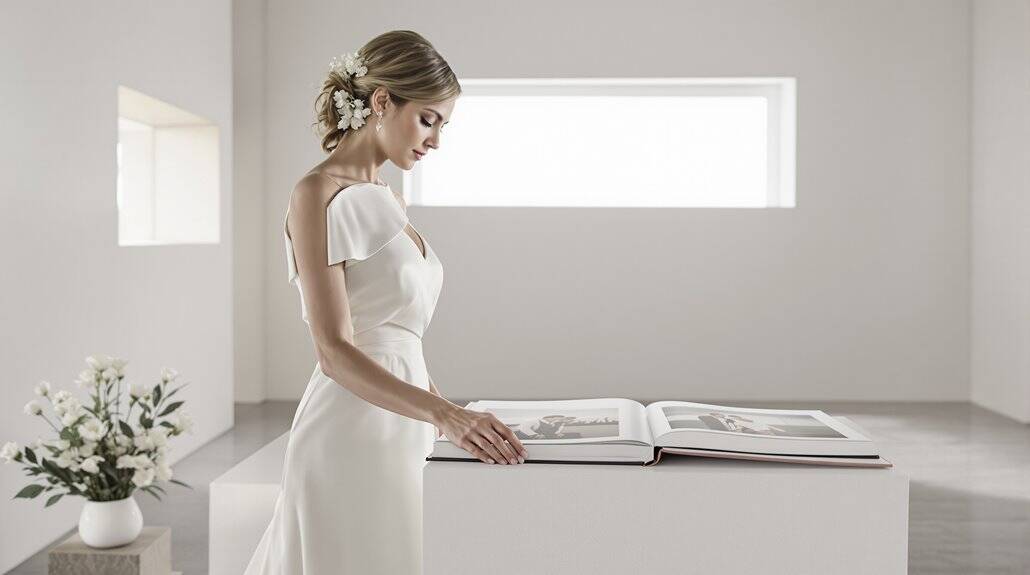 Bride looking at wedding album in minimalist setting.