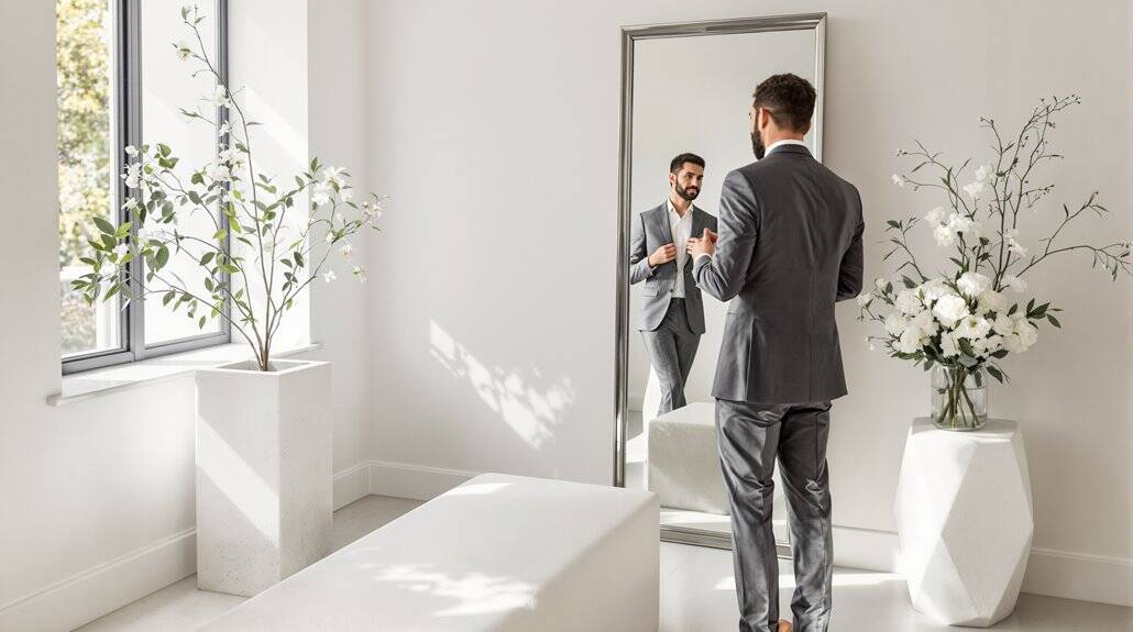 Elegant wedding reflection in a modern, bright room with large windows and stylish decor.