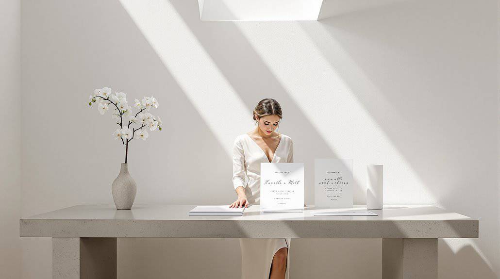 Bride reading wedding signs at minimalist wedding reception.