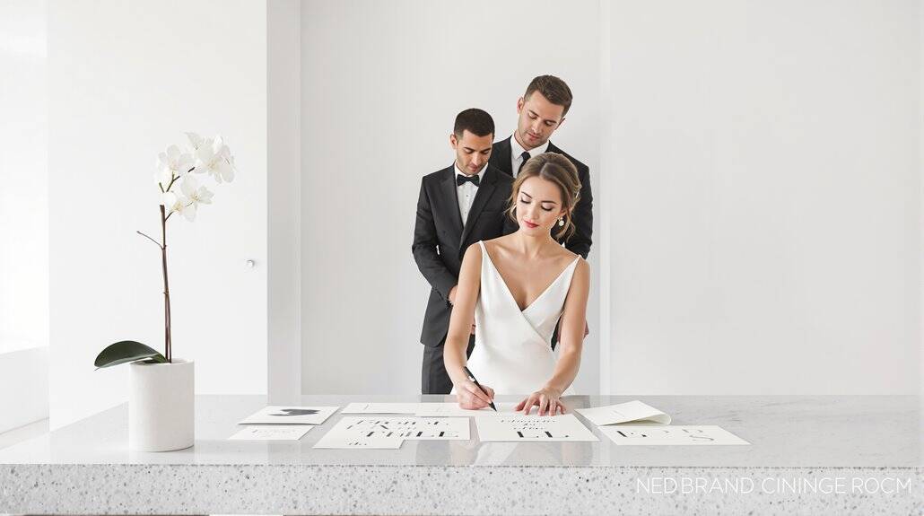 Wedding planning session with bride and groom reviewing designs and ideas.