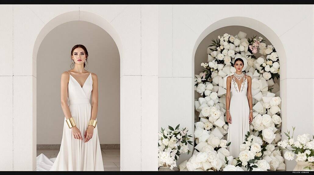 Elegant wedding bride in a white gown with floral backdrop.