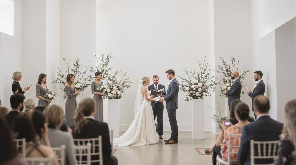 Bride and groom exchanging vows during elegant wedding ceremony in a modern, bright venue.