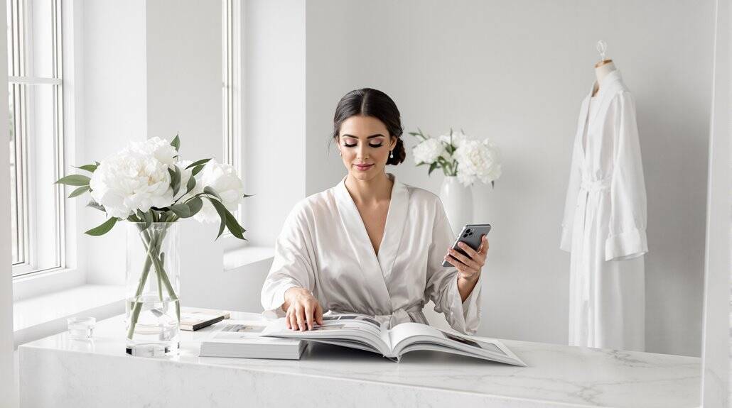 Bride reviewing wedding plans at a modern office desk with flowers and wedding dress.