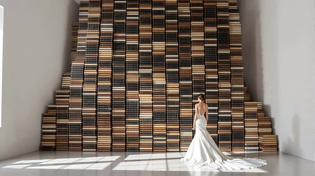Bride in white wedding gown standing in front of a large, artistic book sculpture backdrop.